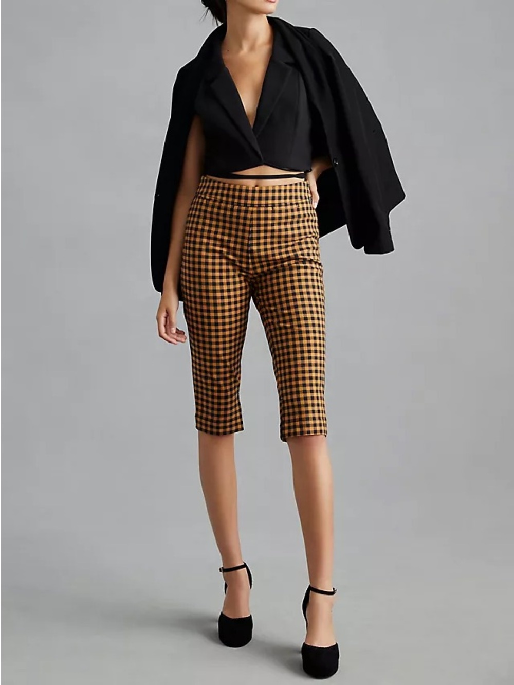 Anthropologie Maeve Knit Biker Capri Pants Size 6 Gingham Print Stretch NWT